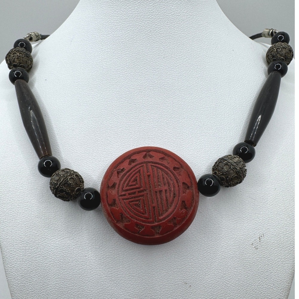 Vintage Red Cinnabar Style Shou Symbol Pendant Necklace Black Beads 18 Inch